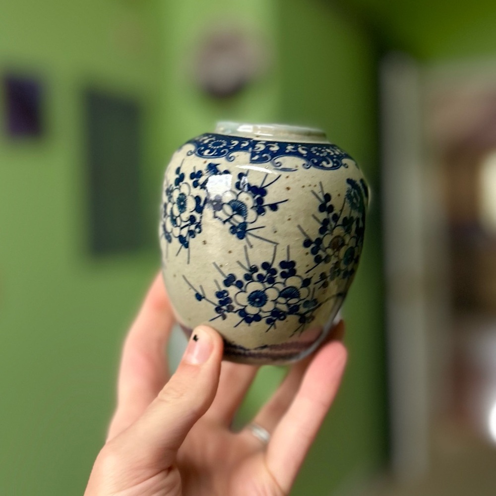 Vintage Navy Floral Pottery Oriental Mini Indoor Planter Vase Home Decor Accent - Picture 2 of 10